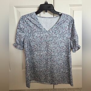 Floral V-Neck Women's Top - (L) Blue and Purple